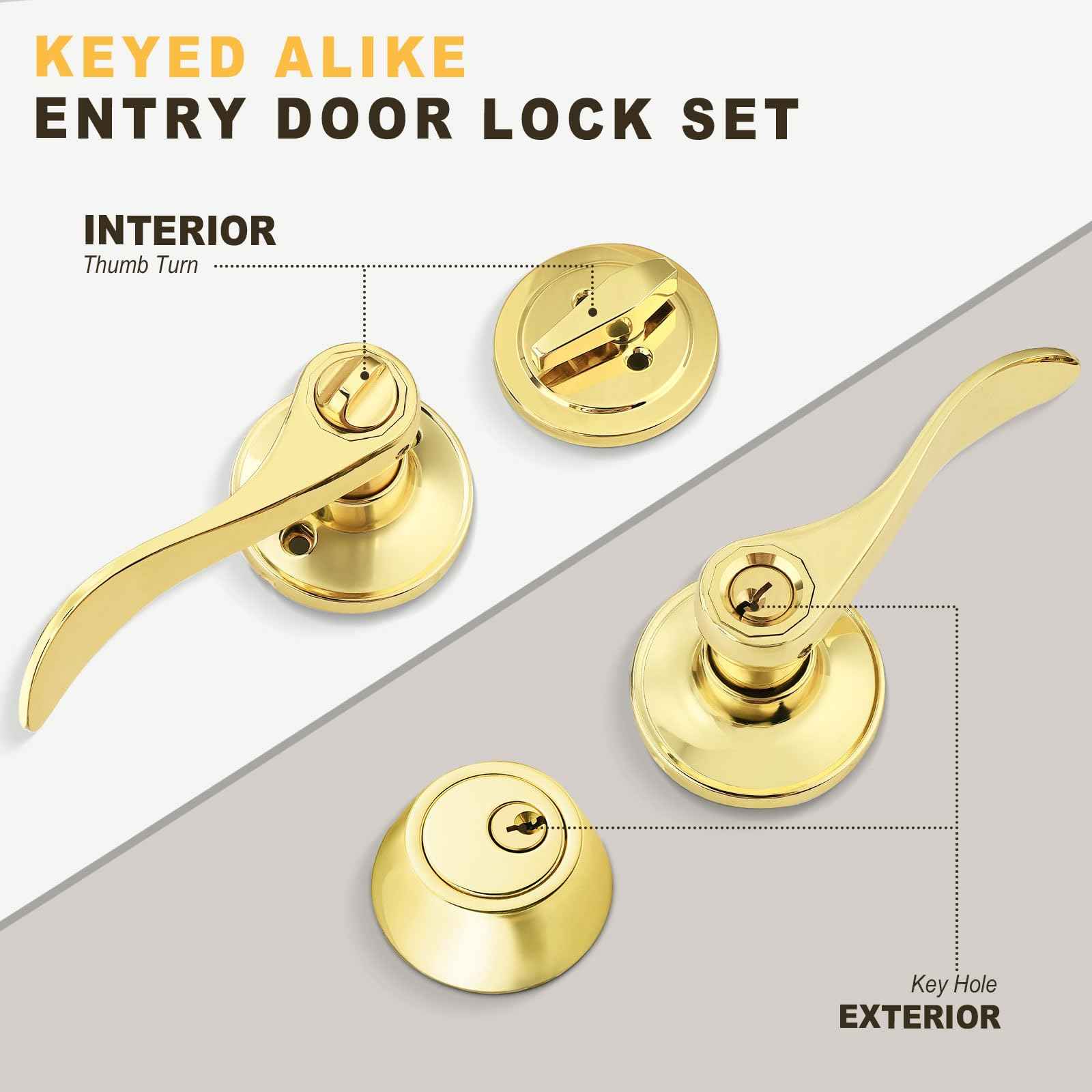 Brotima 3 Pack Keyed Alike Lever Set with Single Cylinder Deadbolt, Reversible Wave Style Polished Brass Lockset, Lever Door Handle with Key and Lock for Bedroom, Front Door
