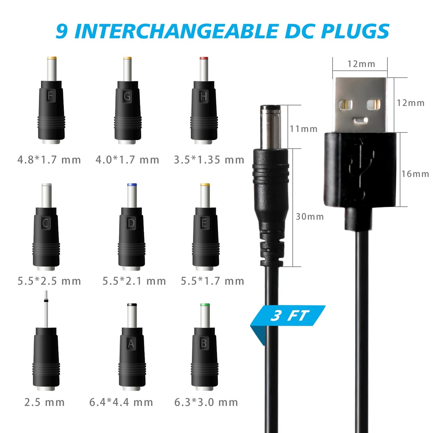USB to DC 5V Power Cord, Universal DC 5.5x2.1mm Charging Cable with 9 Interchangeable Connectors Adapter for Moon Lamp, Massage Wand, Router, LED Light, Mini Fan, Speaker and More Devices (Black)