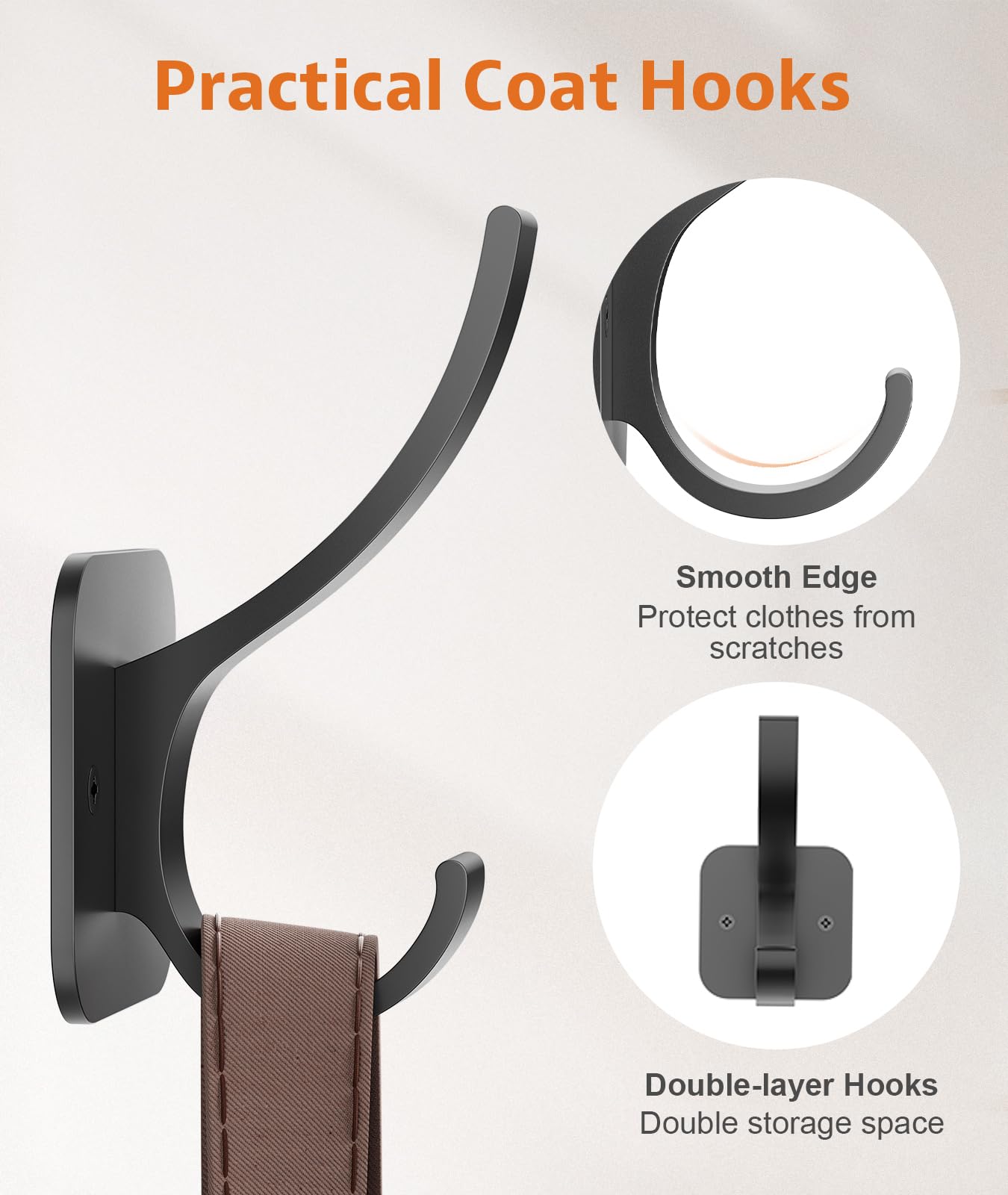 Optish Black Coat Hooks Wall Mount, Wall Hooks for Hanging, Towel Hooks Heavy Duty Backpack Hooks for Hat Coat and Towel (10Pack, Black)