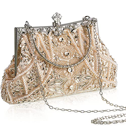 Amylove 1920s Beaded Clutch Evening Bag for Women - Beige Gold Wedding Party Purse
