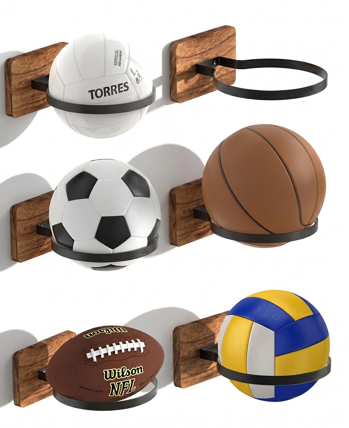 6 Pcs Wall Mount Basketball Holder with Wooden Base – Ball Storage Display Rack for Autograph Basketball, Football, Soccer, Volleyball – Sports Organizer for Player Fans, Home Gym, Bedroom, Garage