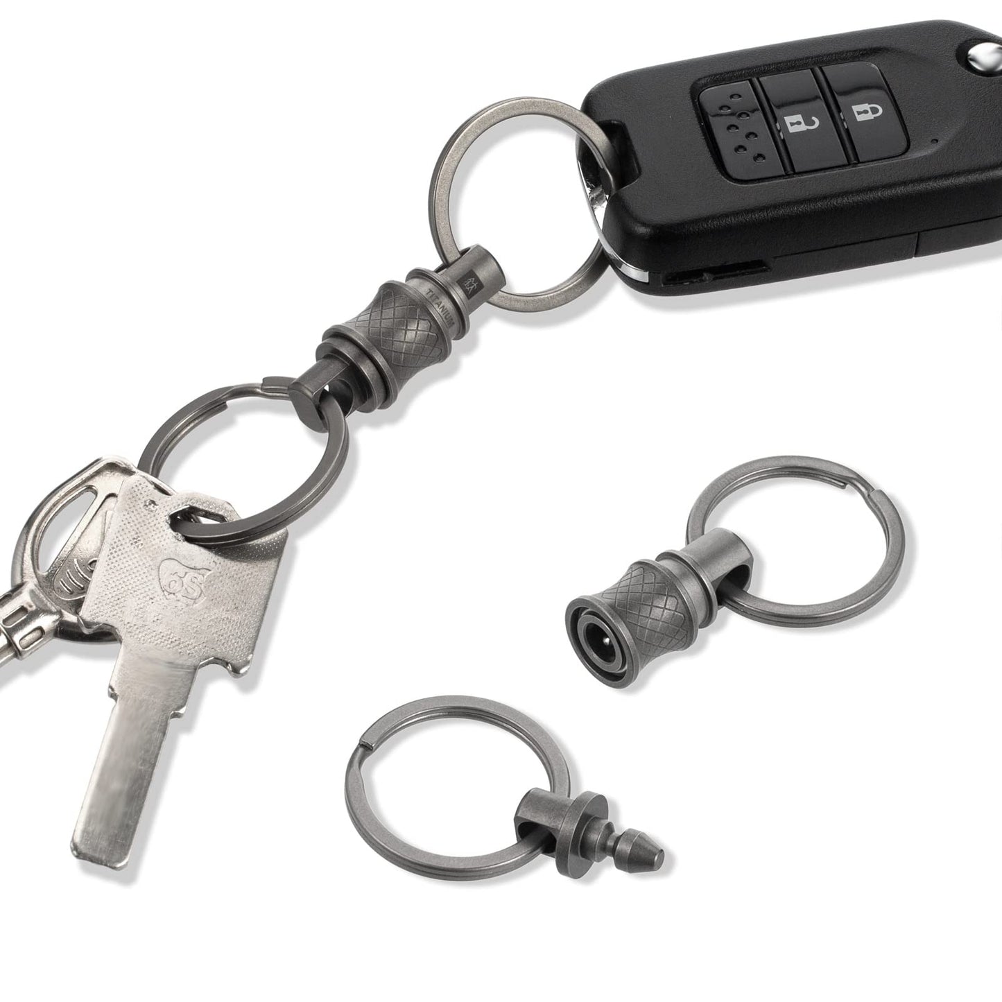 BANG TI Titanium Quick Release Swivel Keychain, Pull Apart Detachable Keychain Heavy Duty Car Key Holder with 4 Stainless Steel Key Rings （S 2-Pack）
