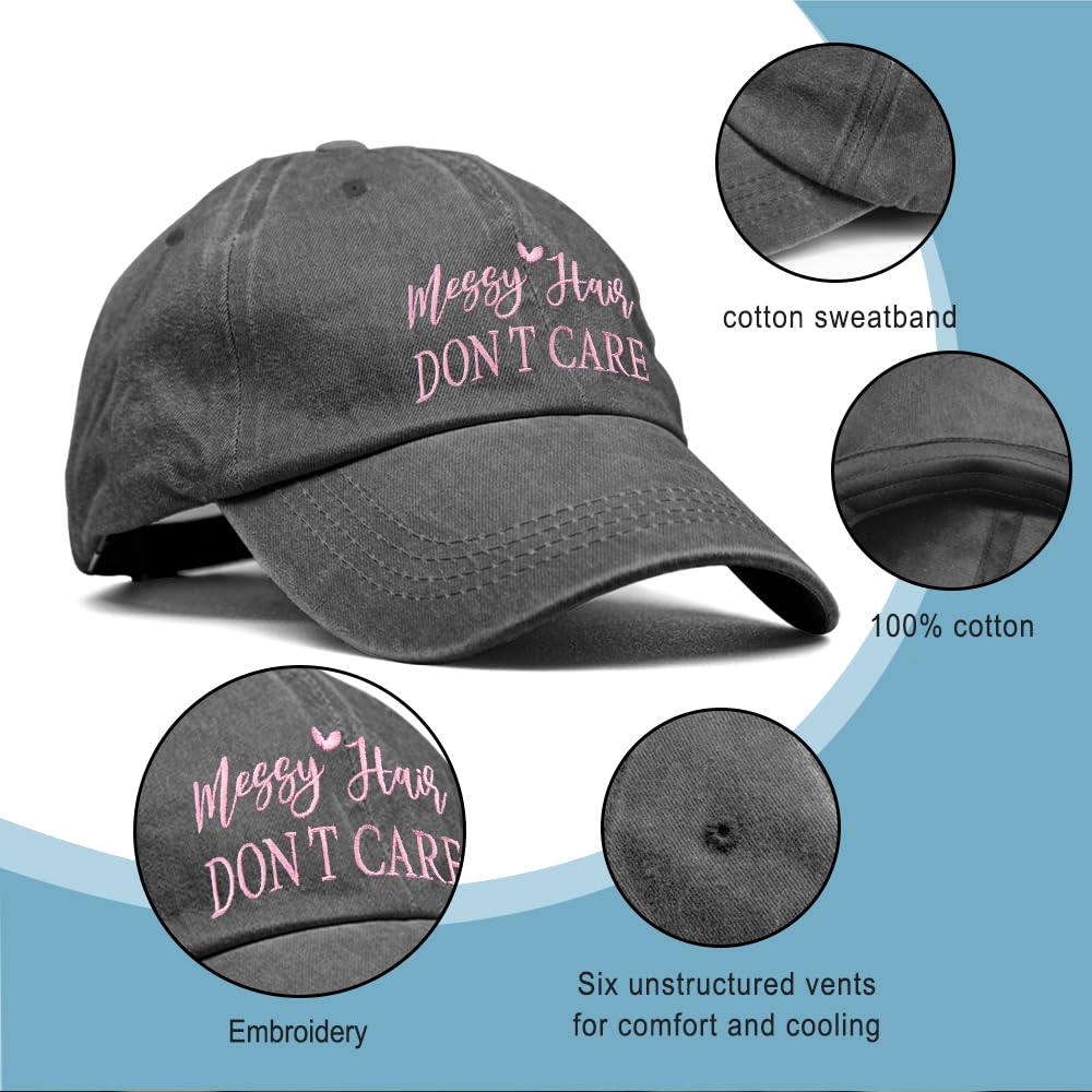 GEYGIE Messy Hair Don't Care Embroidery Adjustable Classic Washed Distressed Baseball Cap, Funny Sun Shade Sports Cap for Women, Travel Weekend Vacation Hat Gifts for Mom Aunt Grandma Sister Bestie