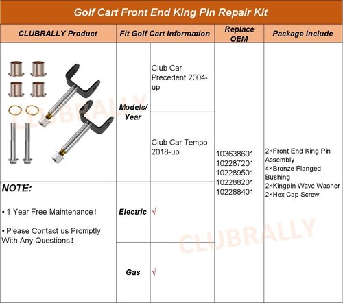 CLUBRALLY Golf Cart Front End King Pin Repair Kit for 2004-UP Club Car Precedent and 2018-Up Tempo Gas & Electric Golf Cart, OEM#103638601,102287201