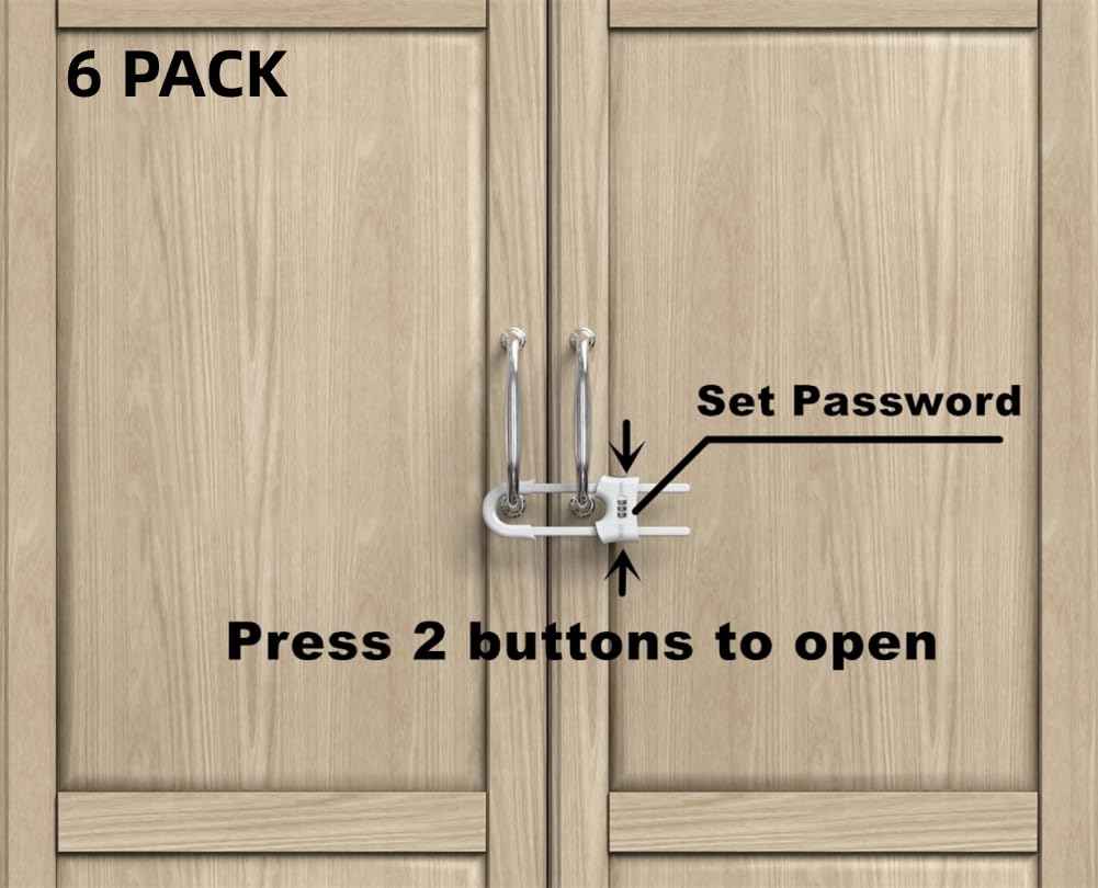 FIGEPO 6 Pack Child Proof U-Shaped Code Sliding Cabinet Door Locks Adjustable Baby Safety Plastic Cupboard Cabinet Latches Set for Knob Handle Drawers Closet White