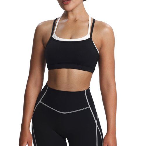 Aoxjox Women's Workout Sports Bras Takes Two Bra High Impact Training Fitness Running Yoga Crop Tank (Black and White, Medium)