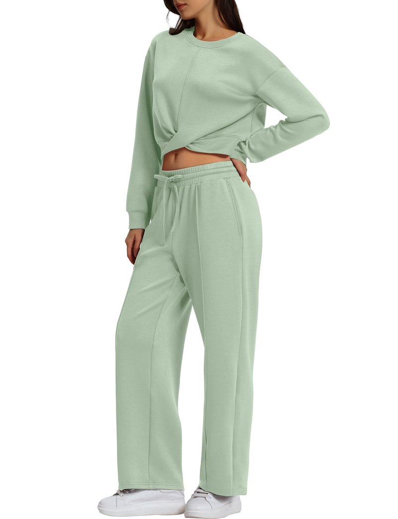 WIHOLL Matching Sets For Women Loungewear Twist Front Crop Sweatshirt Wide Leg Sweatpant Casual Lounge Sets Light Green L