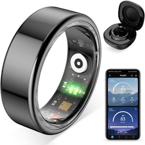 COLMI R02 Smart Ring - Heart Rate & Sleep Health Monitoring | Charging Case Included (Black, Size 7)
