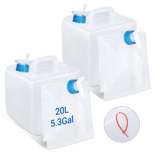 ASEVAT [2 Pack] 5.3 Gallon /20L Collapsible Water Container with Spigot & Handle, BPA Free Foldable Water Storage Cube, Portable Water Jug for Camping, Hiking, Emergency & Survival Kits