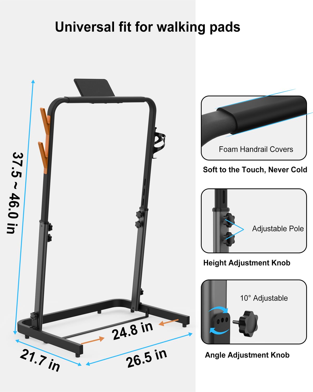 Foldable Walking Pad Handle Bar, Adjustable Height & Angle for 22.4" Wide