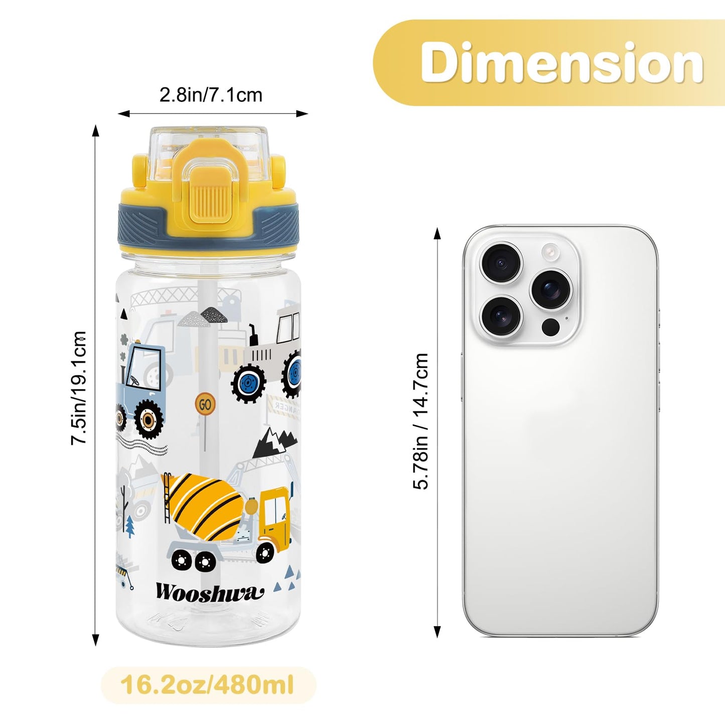 omedecal Kids Water Bottle for School, 16 Oz Plastic Straw Water Bottle with Silicone Spout and Leakproof Cover, Dishwasher Safe (Excavator)