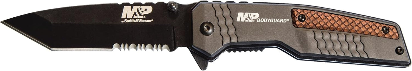 Smith & Wesson M&P Bodyguard Folding Knife - 3.5in Serrated Tanto Blade, Aluminum Handle, Black/Wood Finish