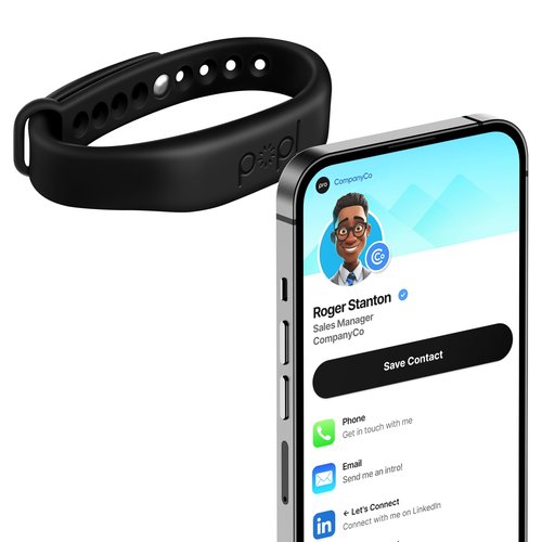 Popl Silicone Sport Band Digital Business Card Bracelet - Adjustable Waterproof NFC Wristband w/Instant App-Free Sharing - Wearable Tap Bracelets Compatible w/iPhone & Android (Black on Black)