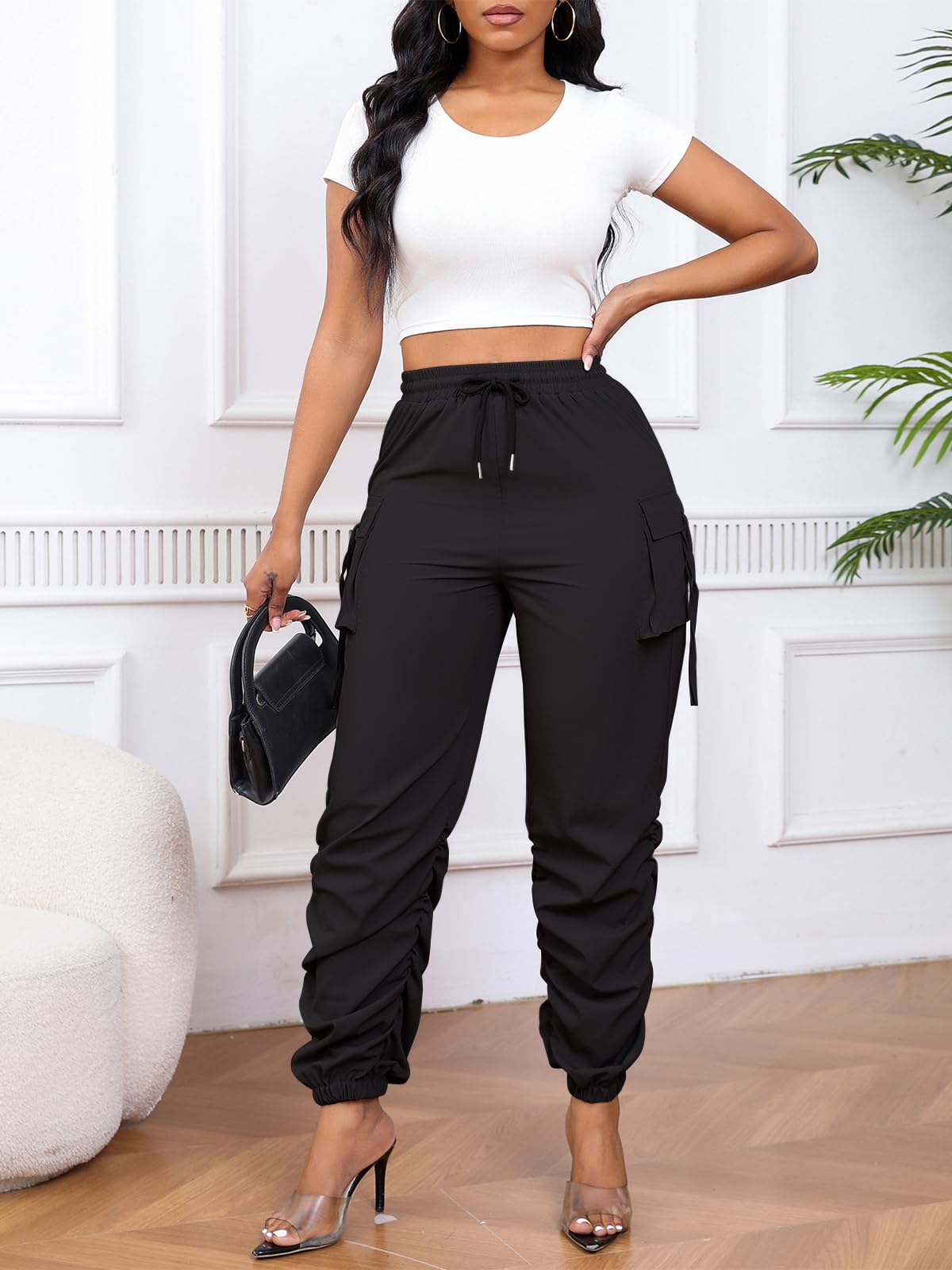 Gudasuo Cargo Pants Women Joggers Quick Dry Hiking Pants with Pockets Black