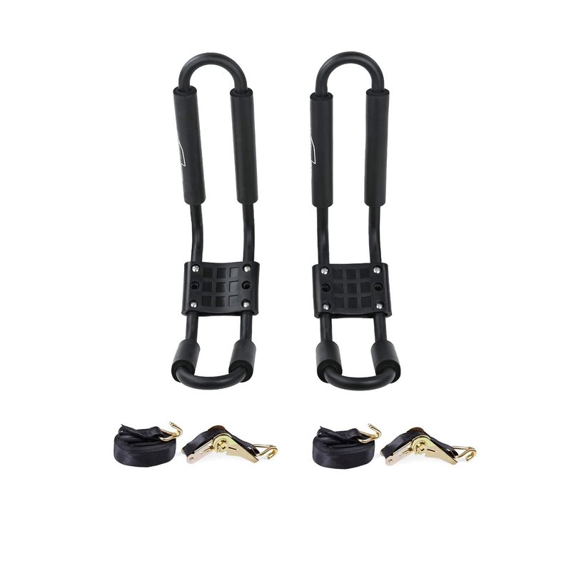 AA-Racks J-Bar Rack for Kayak Carrier Canoe Boat Paddle Board Surfboard Roof Top Mount on Car SUV Truck Crossbar with 16 Ft Ratchet Lashing Straps