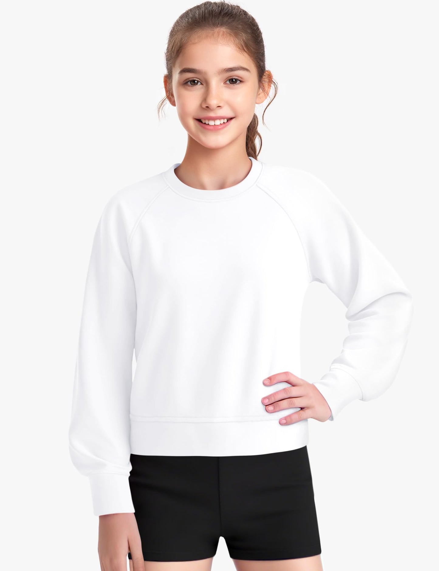 JOCMIC Girls Crewneck Sweatshirt, Long Sleeve Plain Shirts Crop Tops with Thumbholes for Teens Youth White 11-12 Years
