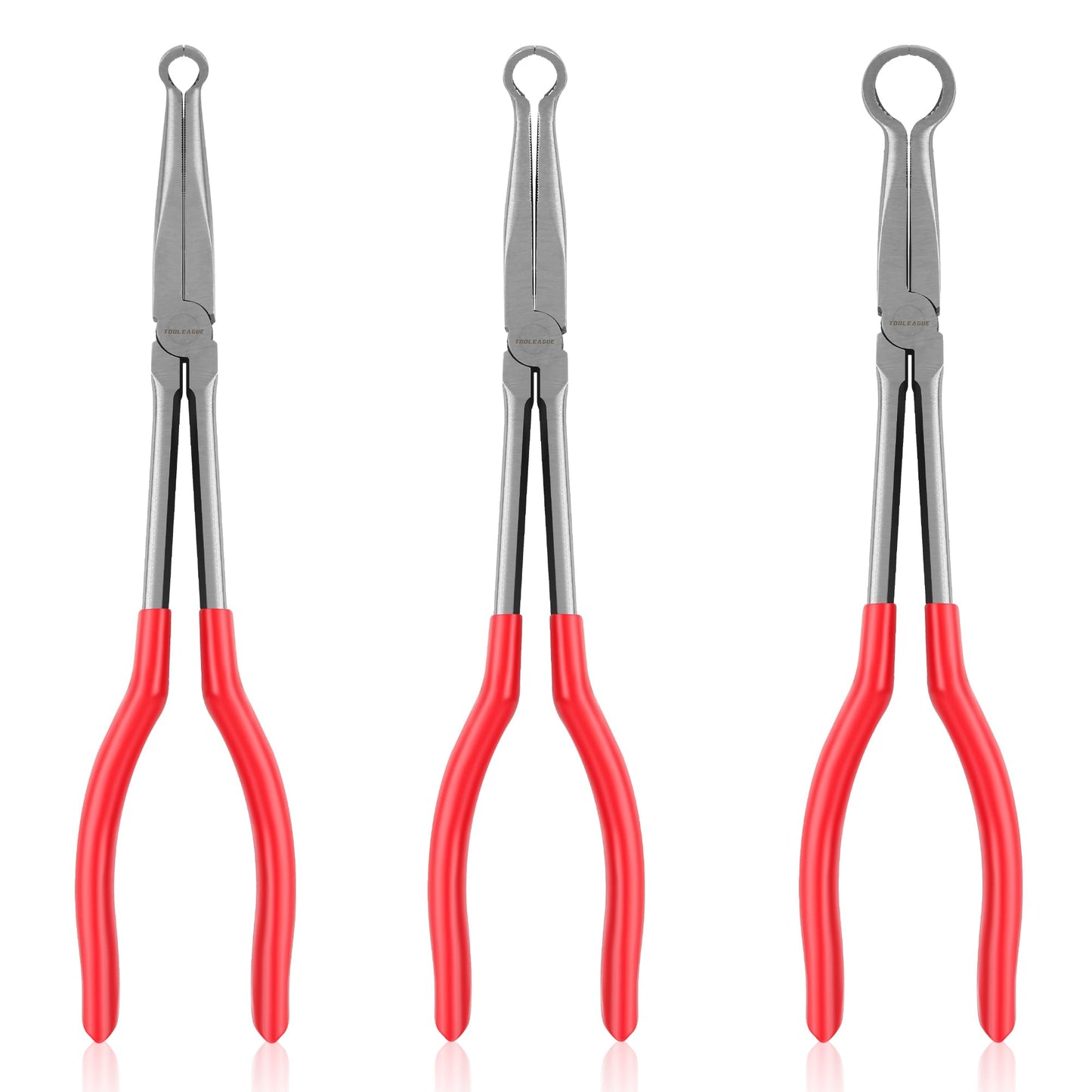 TOOLEAGUE 3Pcs Extra Long Hose Gripper Pliers Set, 11" Long Reach Pliers,5/16-Inch, 1/2-Inch, 3/4-Inch Dia,O-shape Tip Craft Repairing Tool,Offset Spark Plug Boot Removal Tool