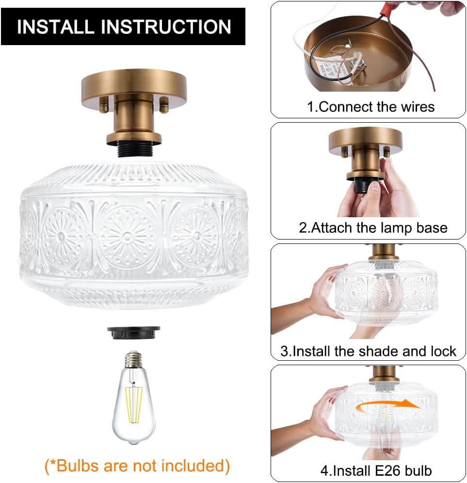 Vintage Semi Flush Mount Ceiling Light Fixture - Brass & Thickened Glass for Hallway, Entryway, Bedroom, Bathroom