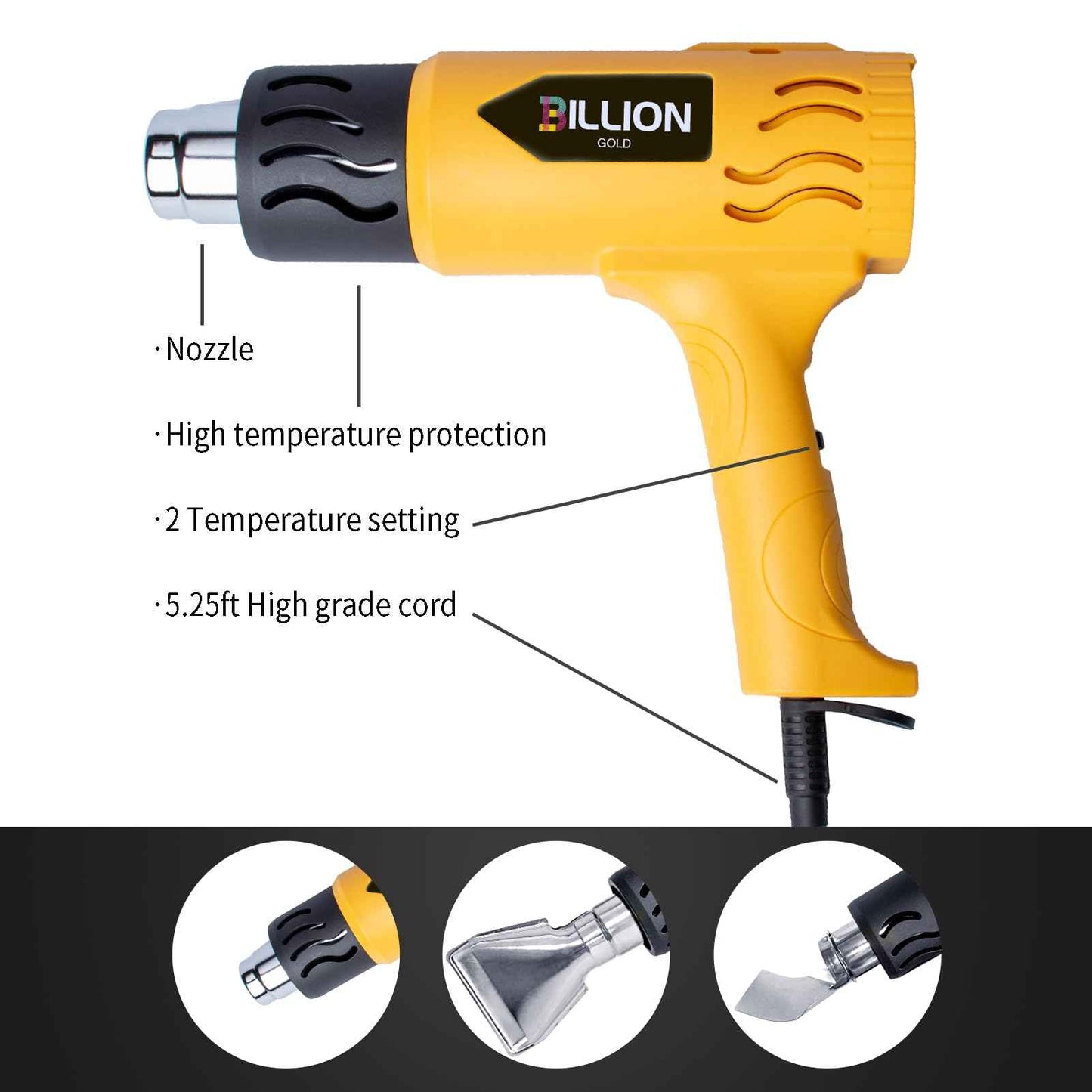 Heat Gun, BILLION GOLD 1800W Hot Air Gun 752℉-1112℉ with 2 Temperature Setting, Heat Gun for Crafting, Shrink Tubing, Paint Removing - 2 Nozzles