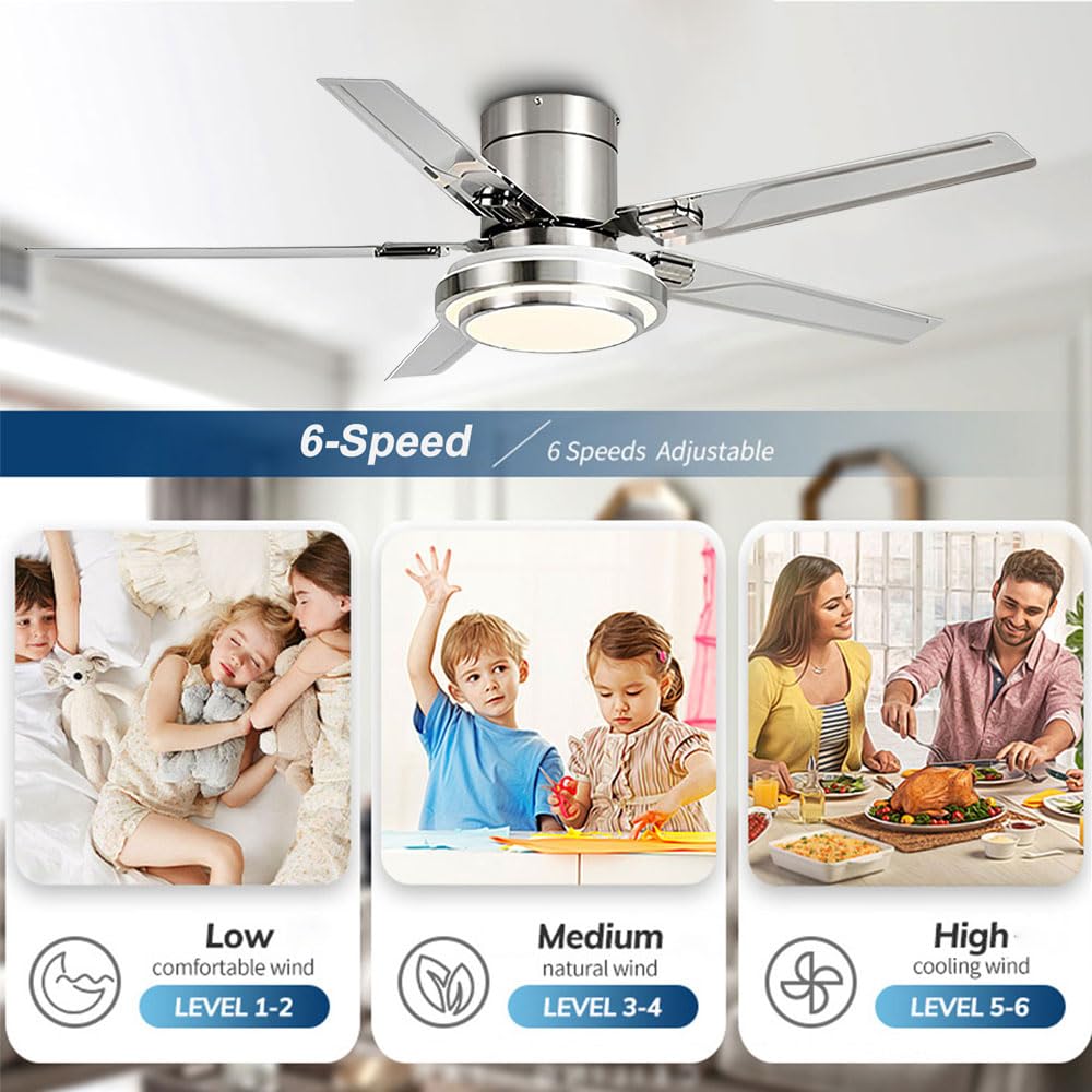 RIIGOOG 42 inch Ceiling Fans with Lights, Modern Low Profile Ceiling Fan with Light and Remote Control, Flush Mount, Reversible, 3CCT, Dimmable, Brushed Nickel Ceiling Fans for Bedroom Living Room