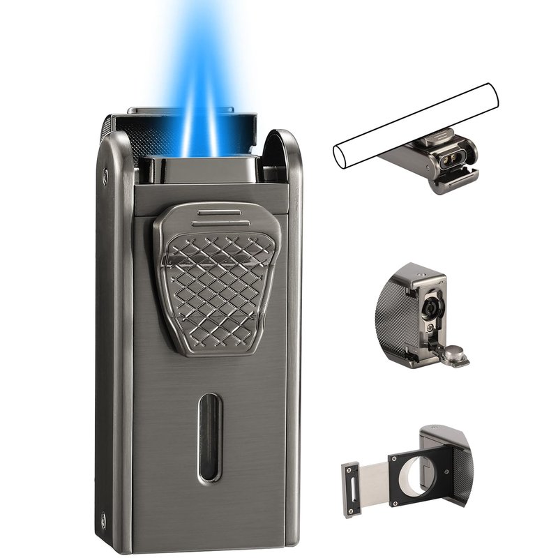 Bbsisgo All in One Torch Lighter, Jet Flame Butane Lighter Built-in Cutter, Punch, Holder Function, Refillable and Adjustable Windproof Lighter. Black(Sold Without Gas)