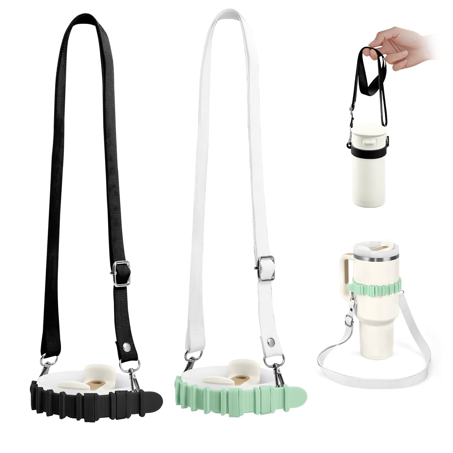 2 Pieces [Black+Green] Silicone Water Bottle Straps, 28.5" Internal Adjustable Water Bottle Holder Straps, Strong and Durable Thick Silicone Material for Stanley 40/30 Ounce Water Bottle Sling