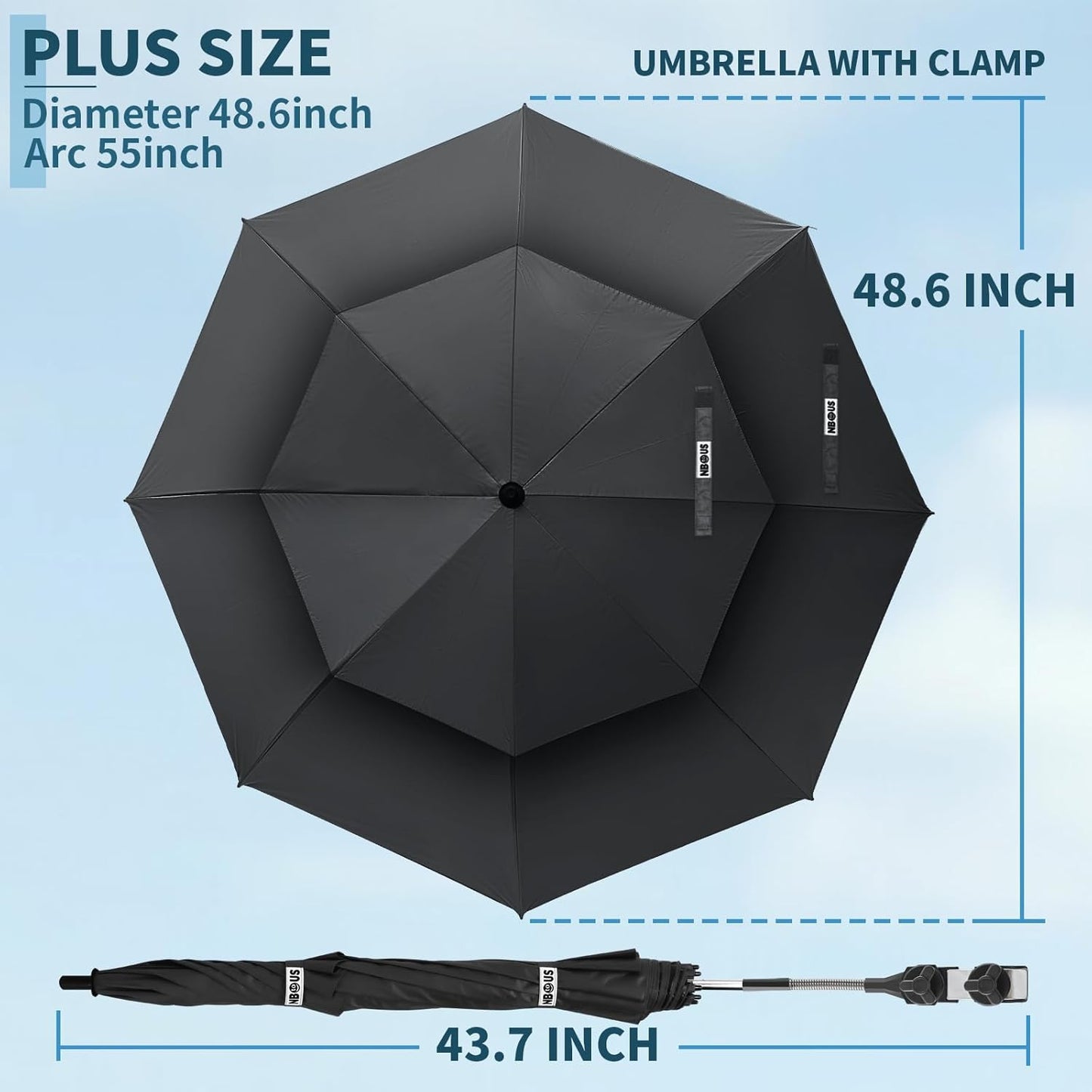 Skiennix 48.6" Double Canopy Umbrella - UPF50+ Portable Beach Chair Umbrella with Clamp & 360° Adjustment | Black