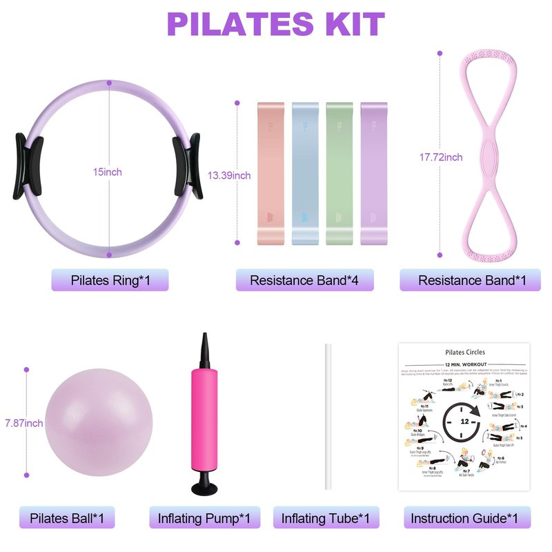 Pilates Kit, Pilates Essentials Kit for Women, 15” Pilates Ring and Ball Set with Resistance Bands, Magic Circle Ring with Figure 8 Resistance Band, Pilates Equipment for Home Workouts Purple