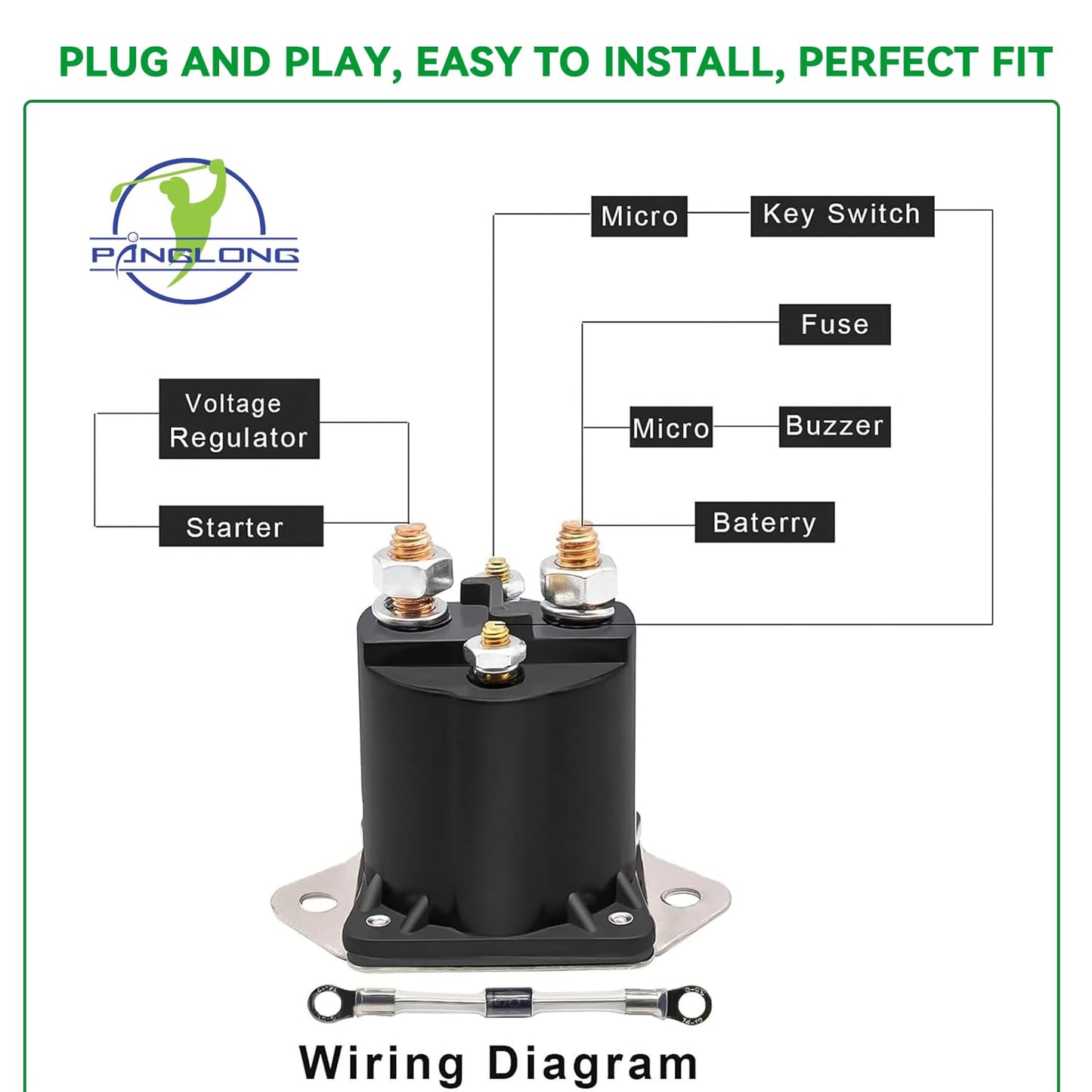 Panglong 12V Solenoid Relay with Diode for Club Car Tempo (2018-Up) & DS/Precedent (1984-Up), OEM#1013609,1014948