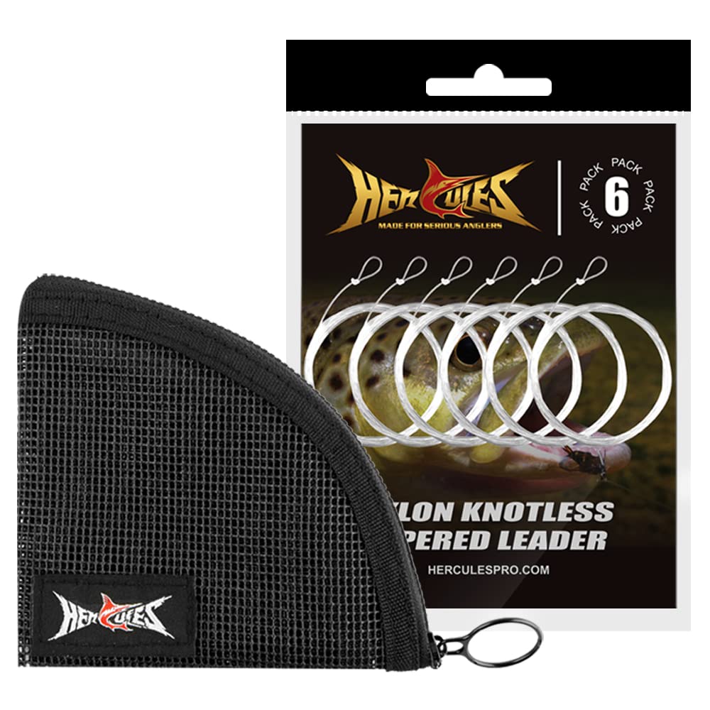 HERCULES Pre-Tied Loop Fly Fishing Leader 6 Pack with Tapered Leader Wallet, 9FT - 3X 4X 5X