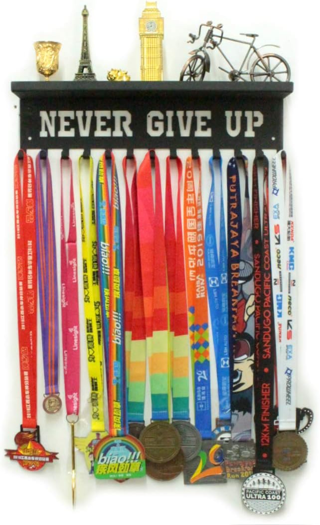 Never Give Up Medal Hanger | Trophy Display Shelf with Hooks - Easy Install Wall Rack (Black)