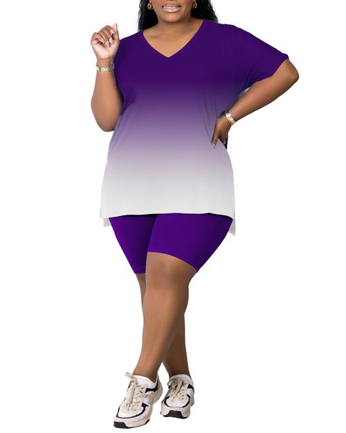 PINSV Women's Plus Size 2 Piece Outfits Sweatsuits Tracksuit Loungewear Short Sets Purple Gradient 3XL