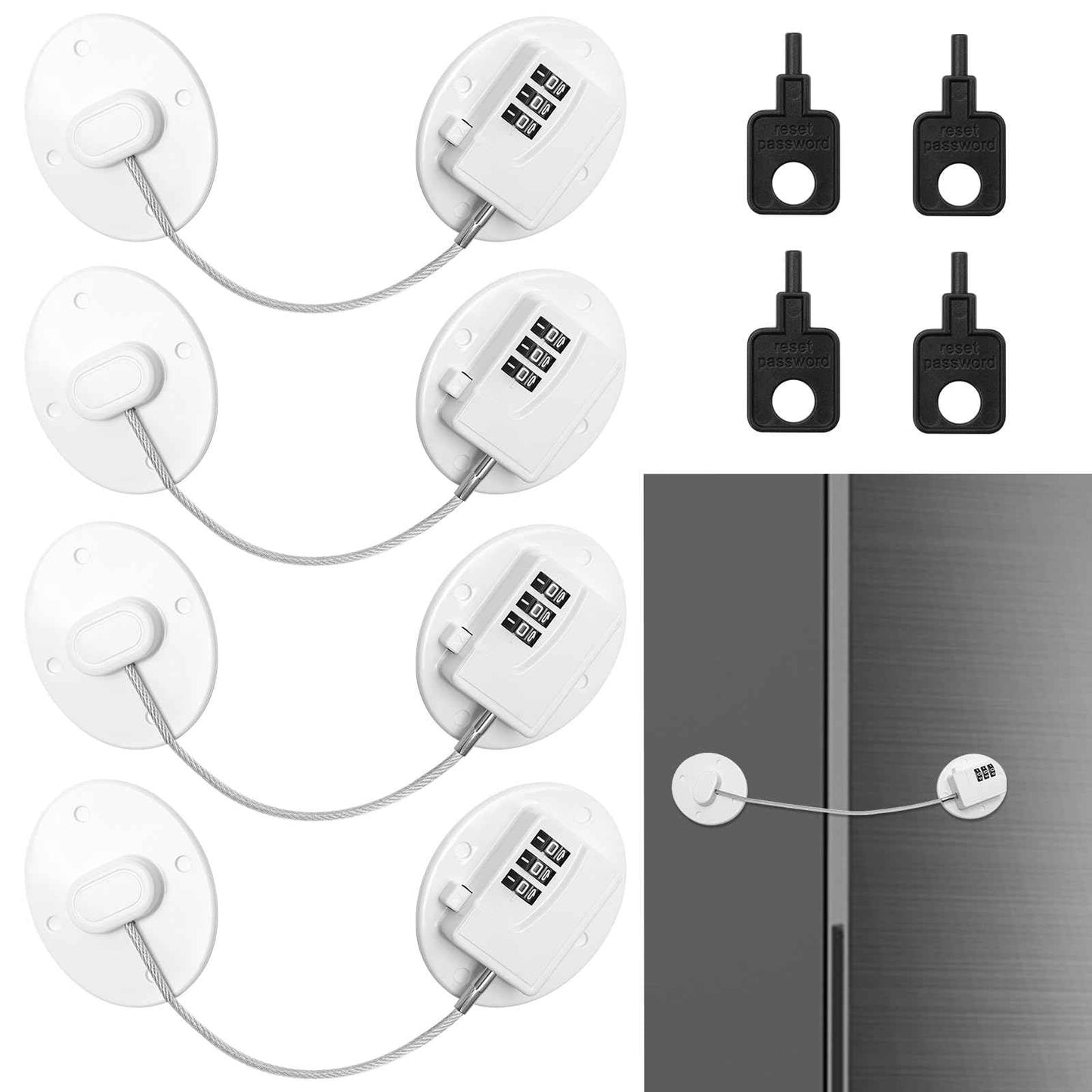 Anglecai 4PCS Refrigerator Locks Combination, Drill-Free Refrigerator Door Lock Fridge Lock Combination with Password, Mini Digital Refrigerator Lock for Freezer Door Lock (White)