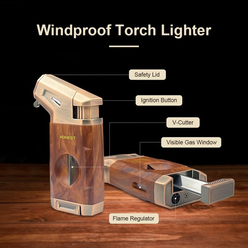 Torch Lighter Built-in V Cutter,Refillable Butane Torch Lighter,Men's Gift,All-in-one Windproof Adjustable Jet Flame for Candle,Camping(Butane Gas Not Include)