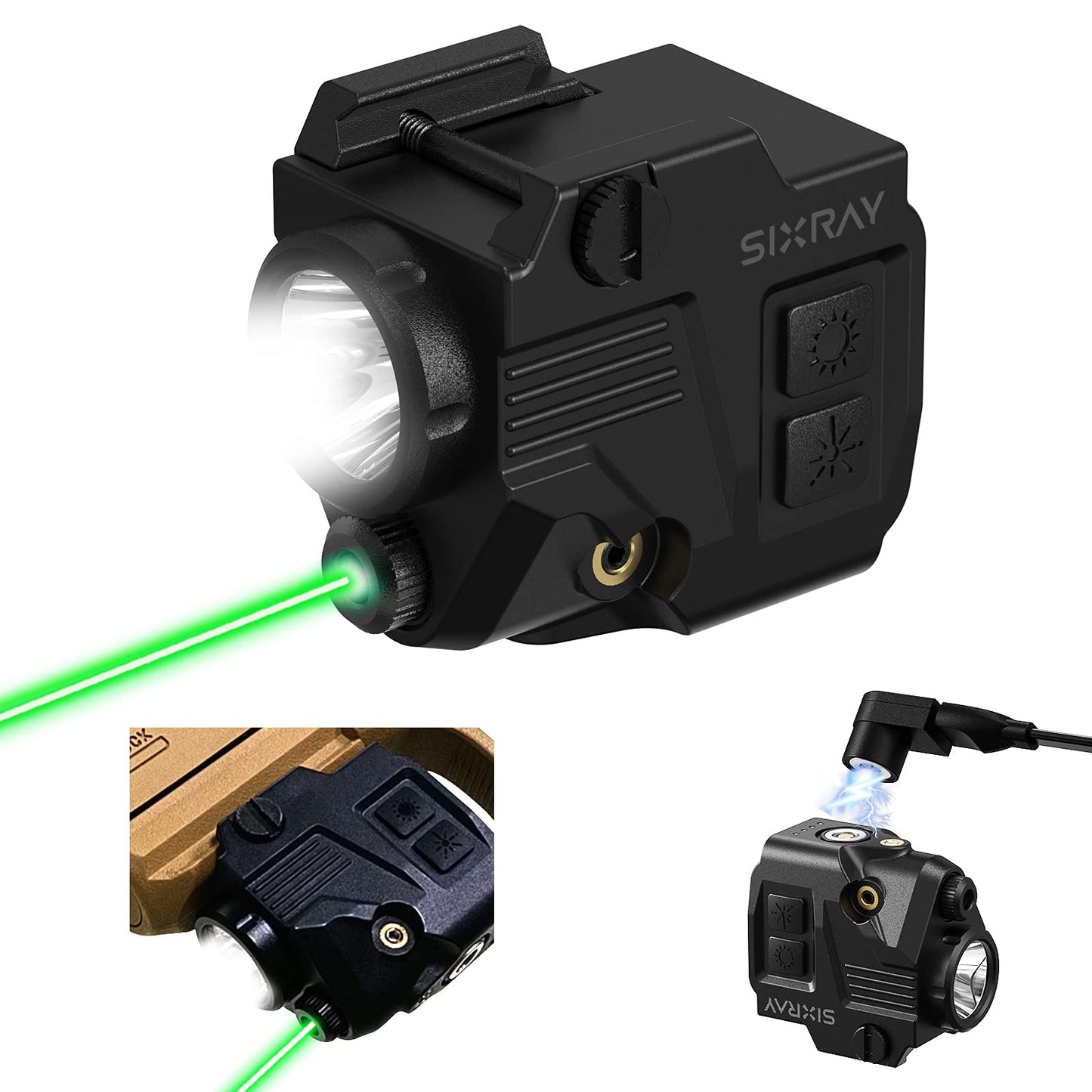 SIXRAY Pistol Light Laser Sight 420 Lumens Gun Light with Magnetic Charging Strobe Function Green Laser Light Combo for Pistol Laser Class II