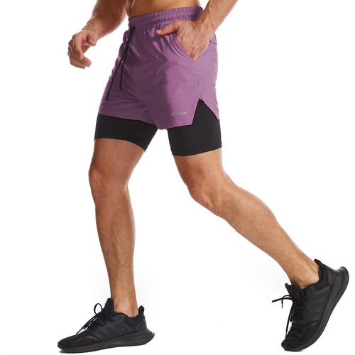 Surenow Mens 2 in 1 Running Shorts Quick Dry Athletic Shorts with Liner, Workout Shorts with Zip Pockets and Towel Loop Purple