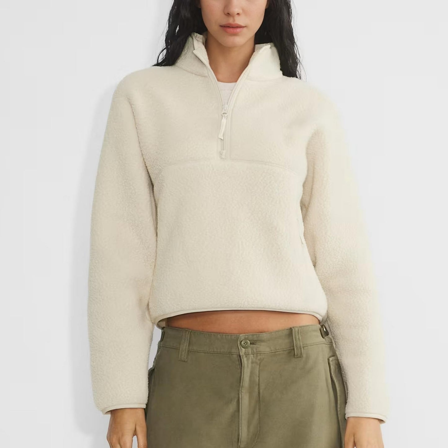 Yioaga Fleece Sweatshirts for Women Cropped Long Sleeve Half Zip Pullover Sherpa Jacket Warm Fuzzy Coats with Pockets(Beige,S)