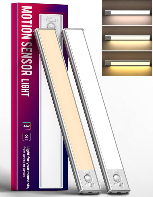 2 Pack Under Cabinet Lighting, 3 Color Temperature Motion Sensor Light Indoor, 2200mAh Rechargeable Closet Lights Motion Sensored, Adjustable Brightness, Under Counter Lights for Kitchen