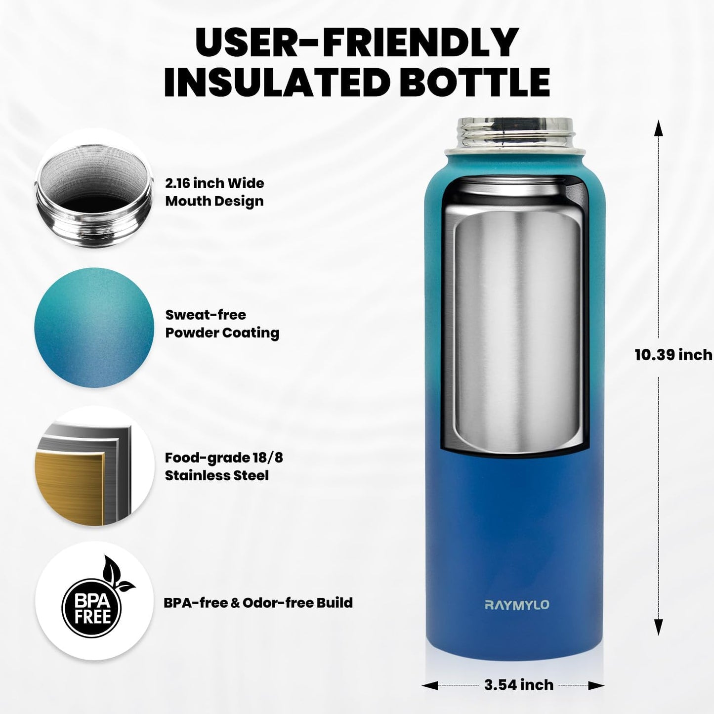 RAYMYLO Insulated Water Bottle - 40 oz Triple Wall Vacuum Stainless Steel | Keeps Drinks Cold for 36Hrs & Hot for 18Hrs