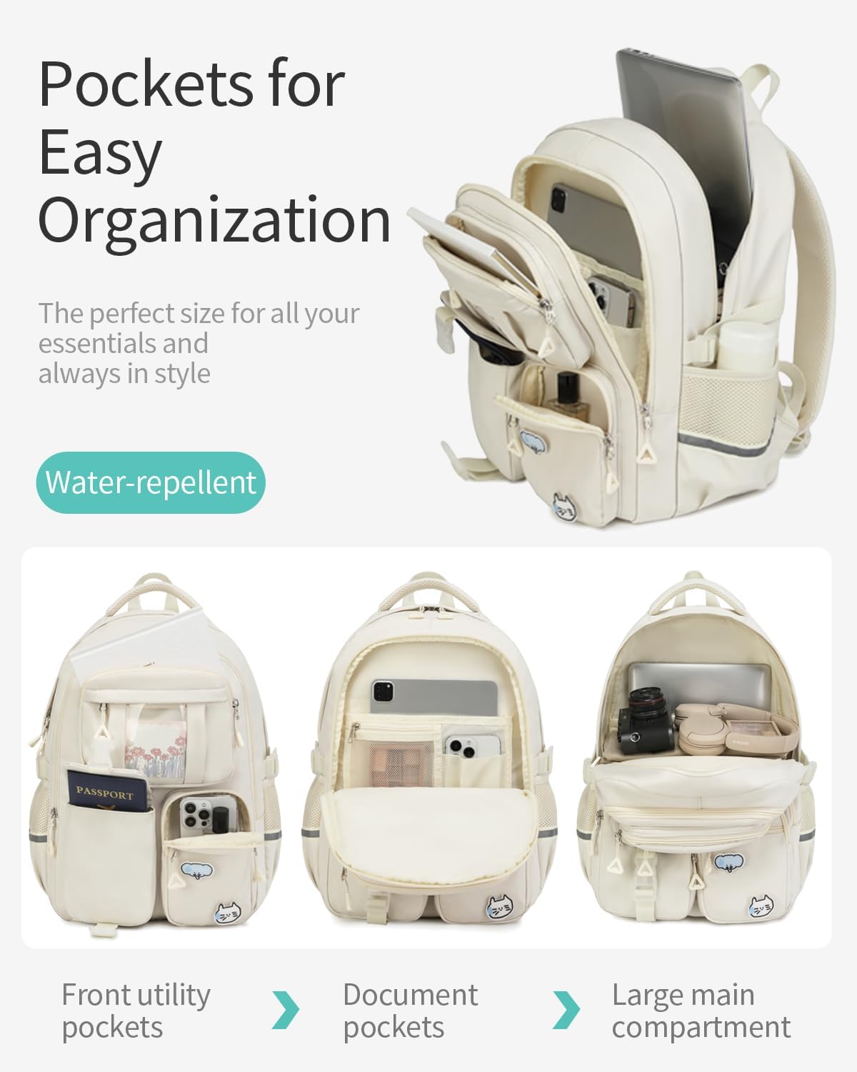 Skiennix School Backpack - Cute 15.6in Laptop Bag for Teen Girls & College Students | Beige