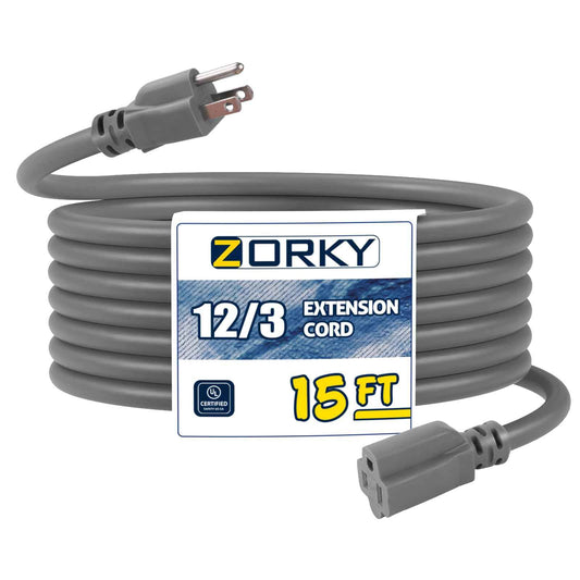 Zorky 15ft Indoor Outdoor Extension Cord - 12/3 SJTW Heavy Duty Extension Cable with 3 Prong Grounded Plug for Safety -15Amp 1875W Gray Electric Cord Great for Garden, Appliances