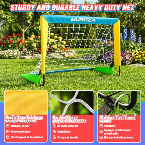 Kids Soccer Goal Set with 2 Goals, Ball, Pump, Cones & Stakes - Blue, Yellow, Green