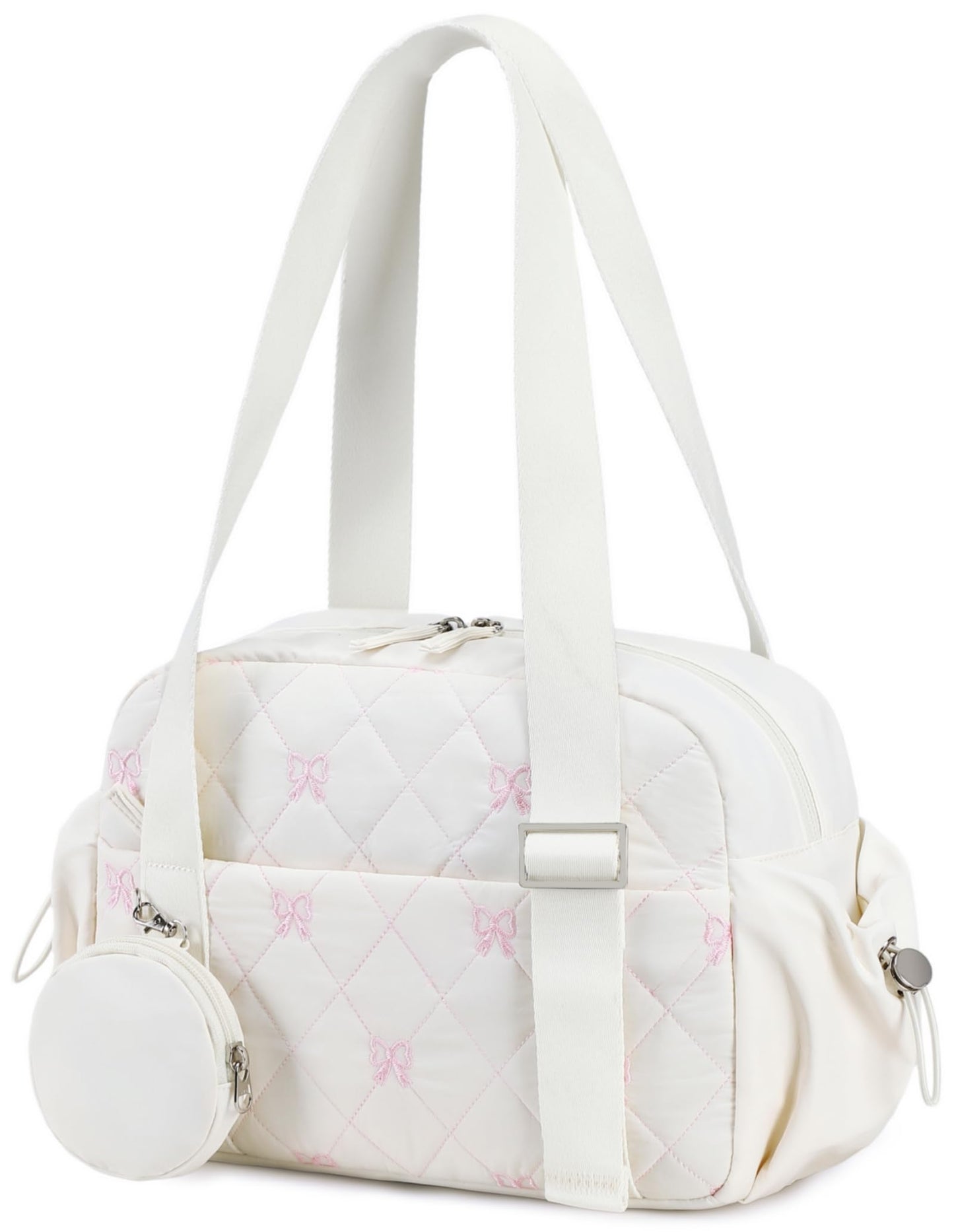 CAMTOP Mini Gym Bag for Women, Small Gym Tote Bag Puffy Quilted Sports Duffel Bag with Wet Compartment and Coin Purse Duffel Bags Dance Yoga Workout Bag for Gifts (White Pink Bow, Mini-12.6")