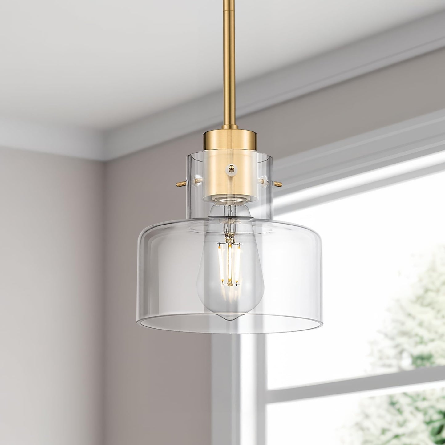 METWET 2 Pack Pendant Lights Kitchen Island, Brushed Gold Pendant Light Fixtures Over Island with Clear Glass Shade, 6" Modern Brass Kitchen Island Lighting for Dining Room Entryway, PL124-BG-G-2PK