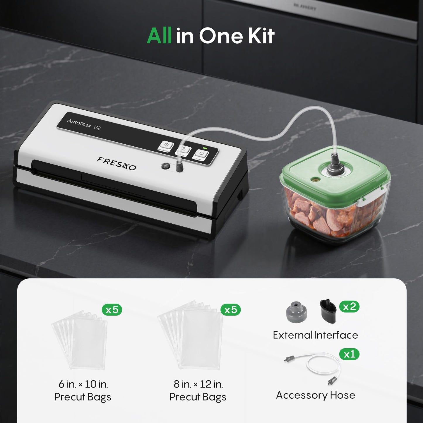 FRESKO Automatic Vacuum Sealer for Food with 95 kPa Powerful Suction, Compact Food Sealer machine Starter Kit with 10 Vacuum Bags for Dry/Moist Food, Sous Vide, Meal Prep