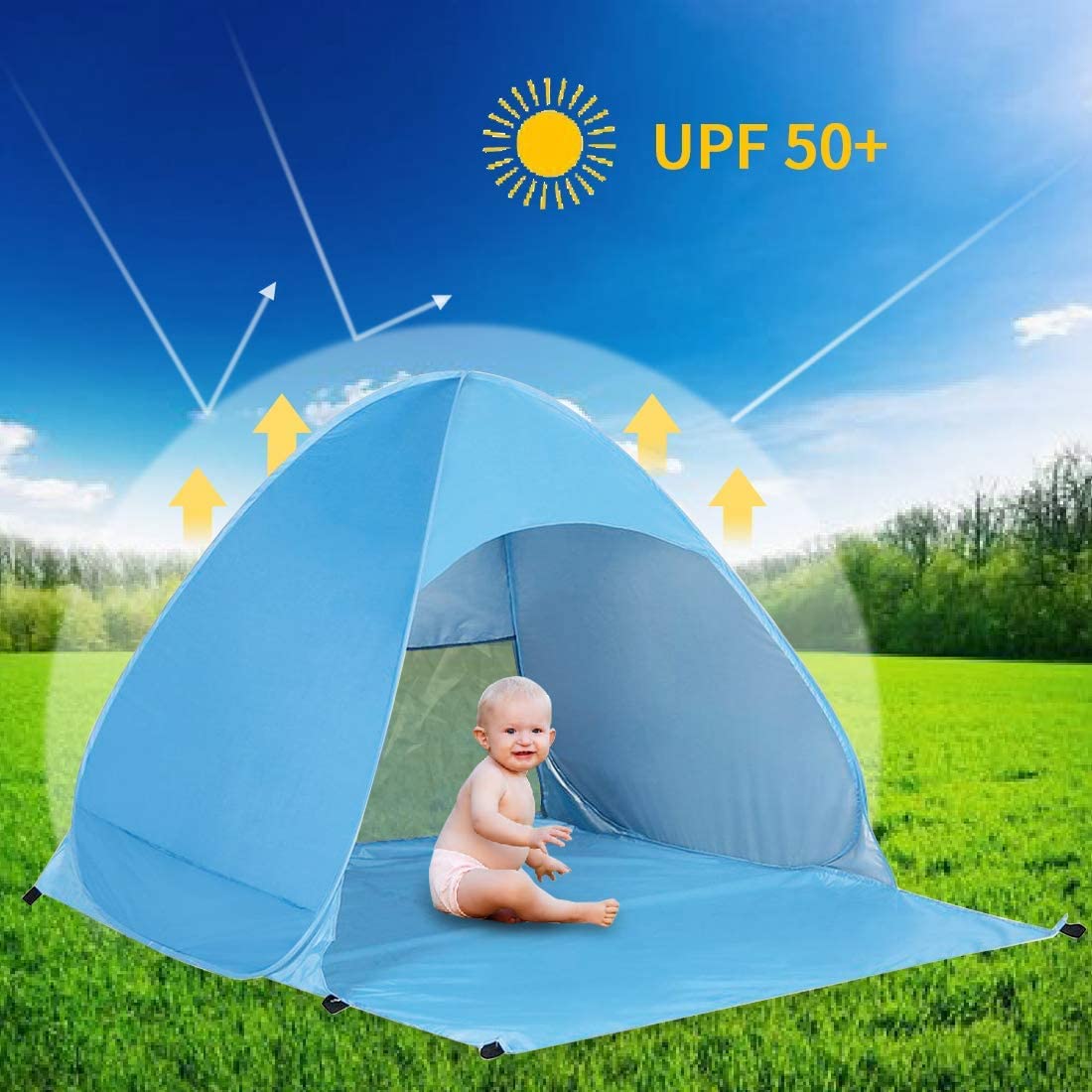 Pop Up Beach Tent – for 3-4 Person UPF 50+ UV Sun Protection Beach Shade Pop Up Sun Shelter with Carry Bag and Tent Stakes for Beach, Park, Camping (X-Large)