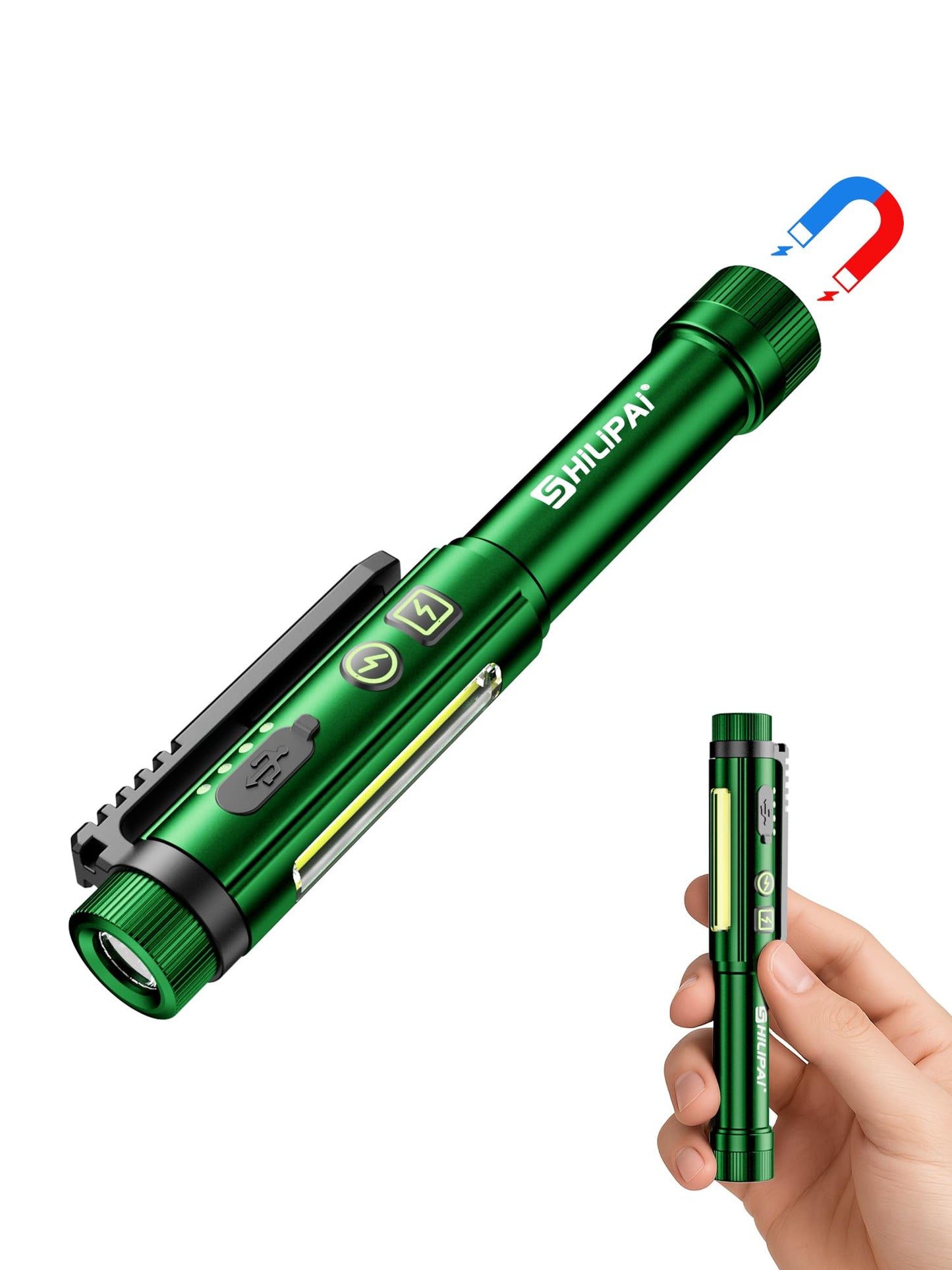 SHiLiPAi Penlight Flashlight, Rechargeable Work Light 600 Lumens COB LED Pen Light with Magnetic Clip, 8 Modes Pocket Flashlight for Nurse, Emergency, EDC (Green)