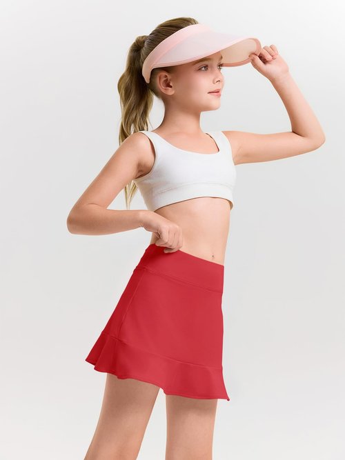 Haloumoning Girls Athletic Tennis Golf Skirts with Shorts Kids High Waist Ruffle A-line Skorts with Pockets 5-14 Years Red