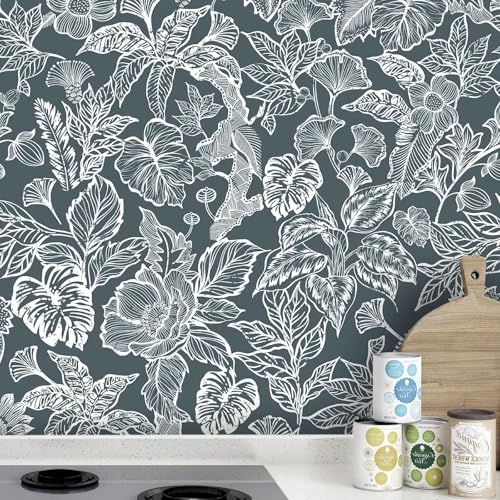 Tropical Peel and Stick Wallpaper Boho Contact Paper Cabinet Dark Blue Navy White Removable Self Adhesive Contact Paper Modern Floral Leaf Bedroom Bathroom Wallpaper Waterproof 17.3inW 78.7inL