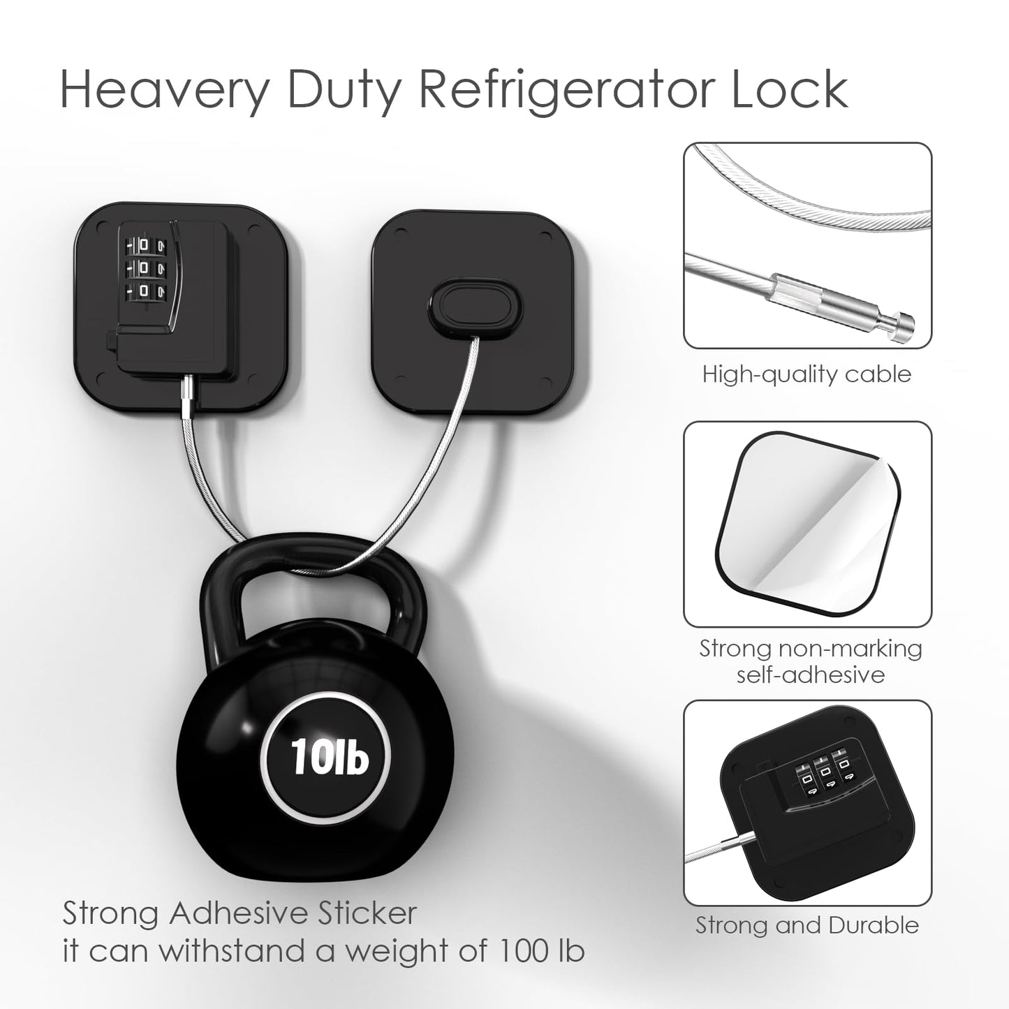 Refrigerator Lock - Heavy Duty Fridge & Cabinet Lock, Keyless Combination Lock for Drawers, Ovens, Trash Cans, and More | Easy Install | Black (2-Pack)